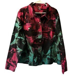 H&J Women Size 1X Water Color Print Denim Jean Jacket Artsy Buttons Cotton‎ City